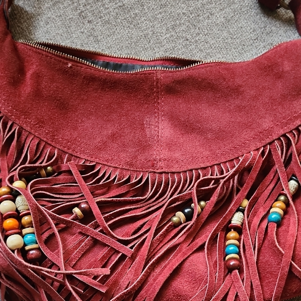 Italian Made Red Suede Leather Boho Fringe Hobo Bag | Beaded Tassels - Picture 13 of 16